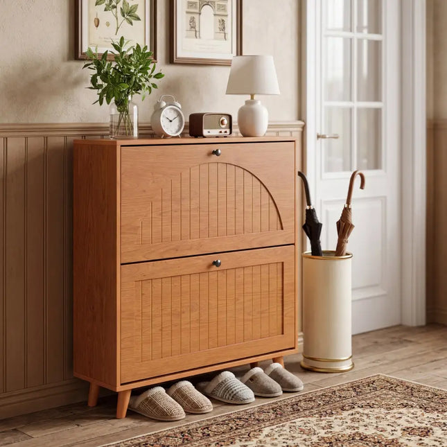 Narrow Shoe Cabinet with Adjustable and Removable Shelves for Entryway Foyer-Oak - Oak - Shoe Racks & Storage Benches