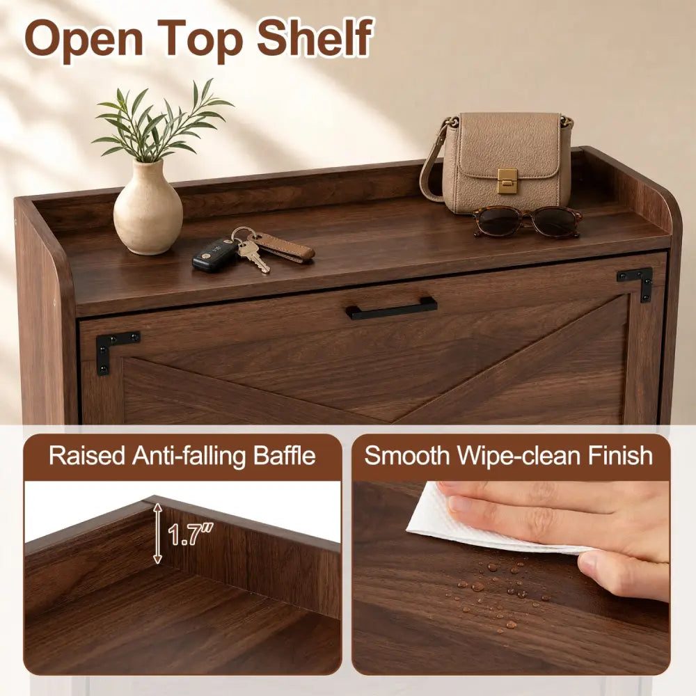 Narrow Shoe Cabinet with Adjustable and Removable Shelves for Entryway-Brown - Brown - Shoe Racks & Storage Benches