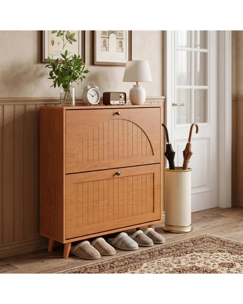 Narrow Shoe Cabinet with Adjustable and Removable Shelves for Entryway Foyer-Oak - Oak - Shoe Racks & Storage Benches