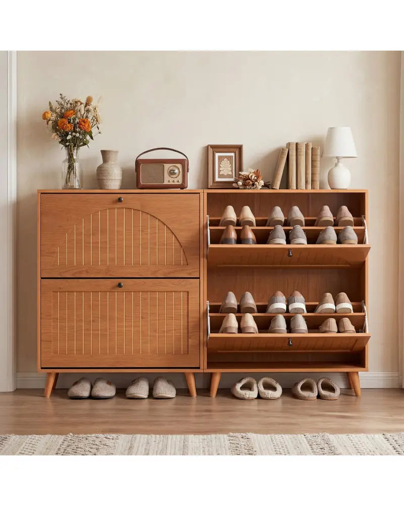 Narrow Shoe Cabinet with Adjustable and Removable Shelves for Entryway Foyer-Oak - Oak - Shoe Racks & Storage Benches