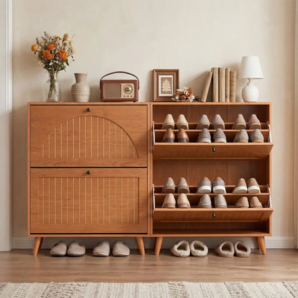 Narrow Shoe Cabinet with Adjustable and Removable Shelves for Entryway Foyer-Oak - Oak - Shoe Racks & Storage Benches