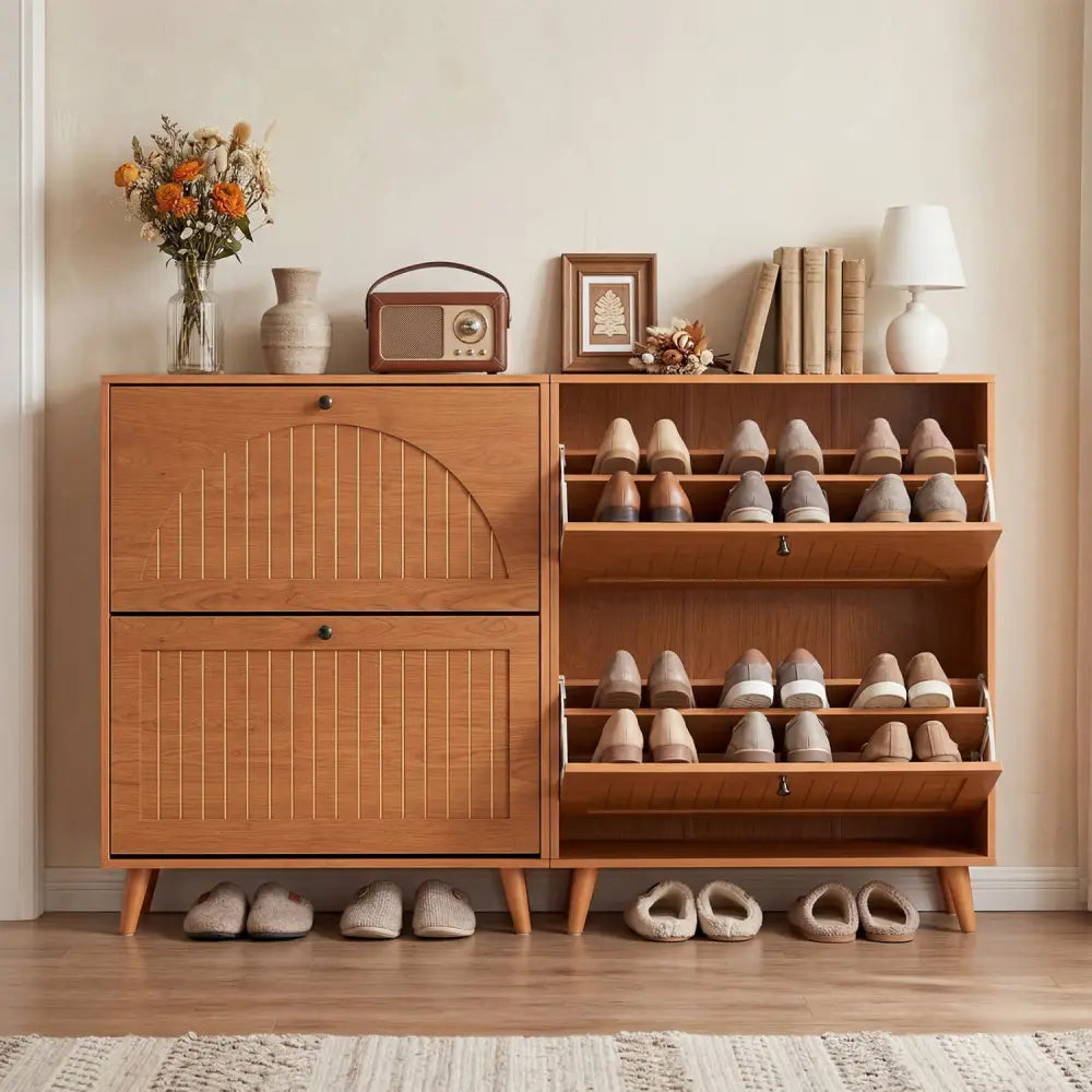 Narrow Shoe Cabinet with Adjustable and Removable Shelves for Entryway Foyer-Oak - Oak - Shoe Racks & Storage Benches