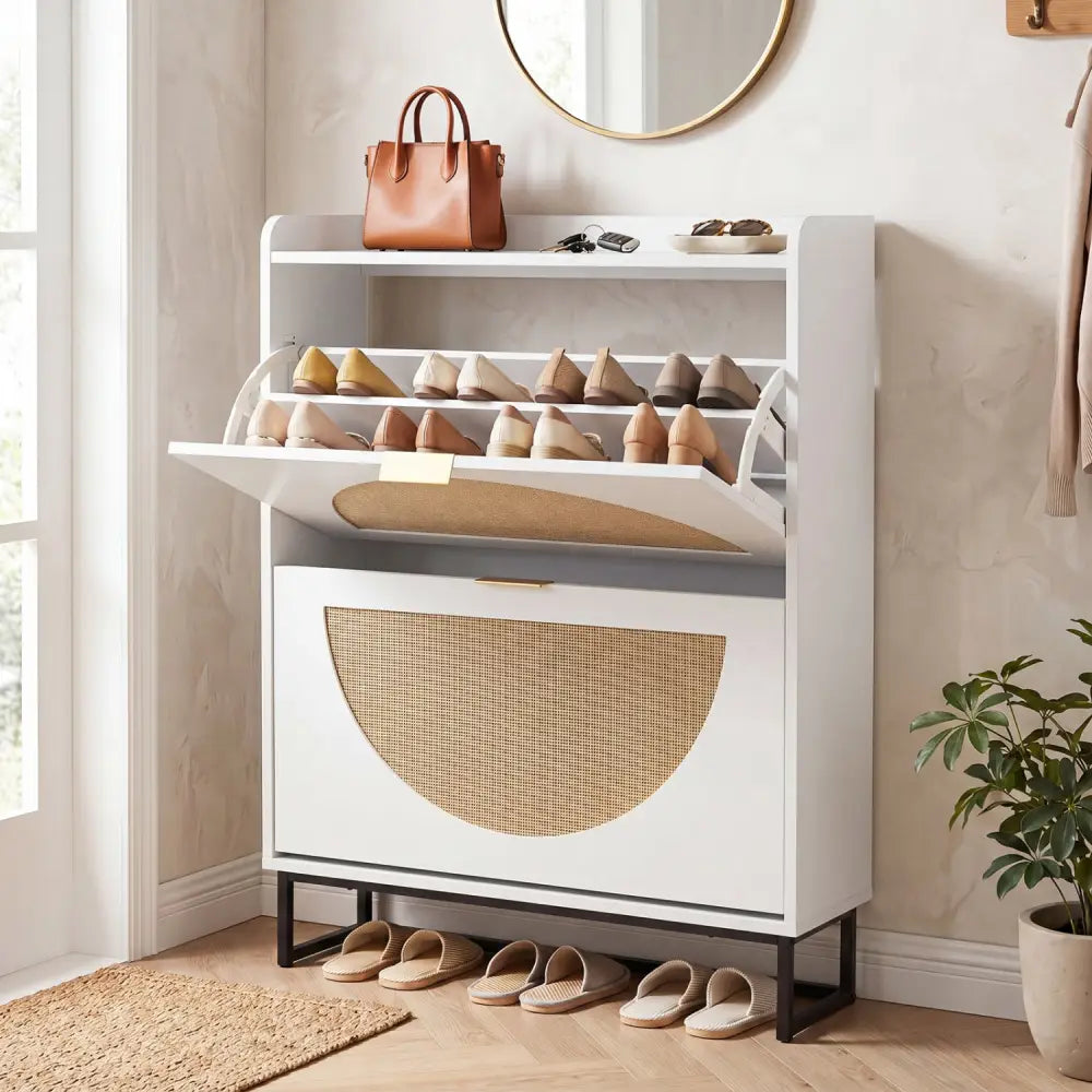 Narrow Shoe Storage Cabinet with 2 Flip Drawers and Adjustable Shelves-White - White - Shoe Racks & Storage Benches