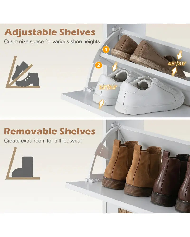 Narrow Shoe Storage Cabinet with 2 Flip Drawers and Adjustable Shelves-White - White - Shoe Racks & Storage Benches