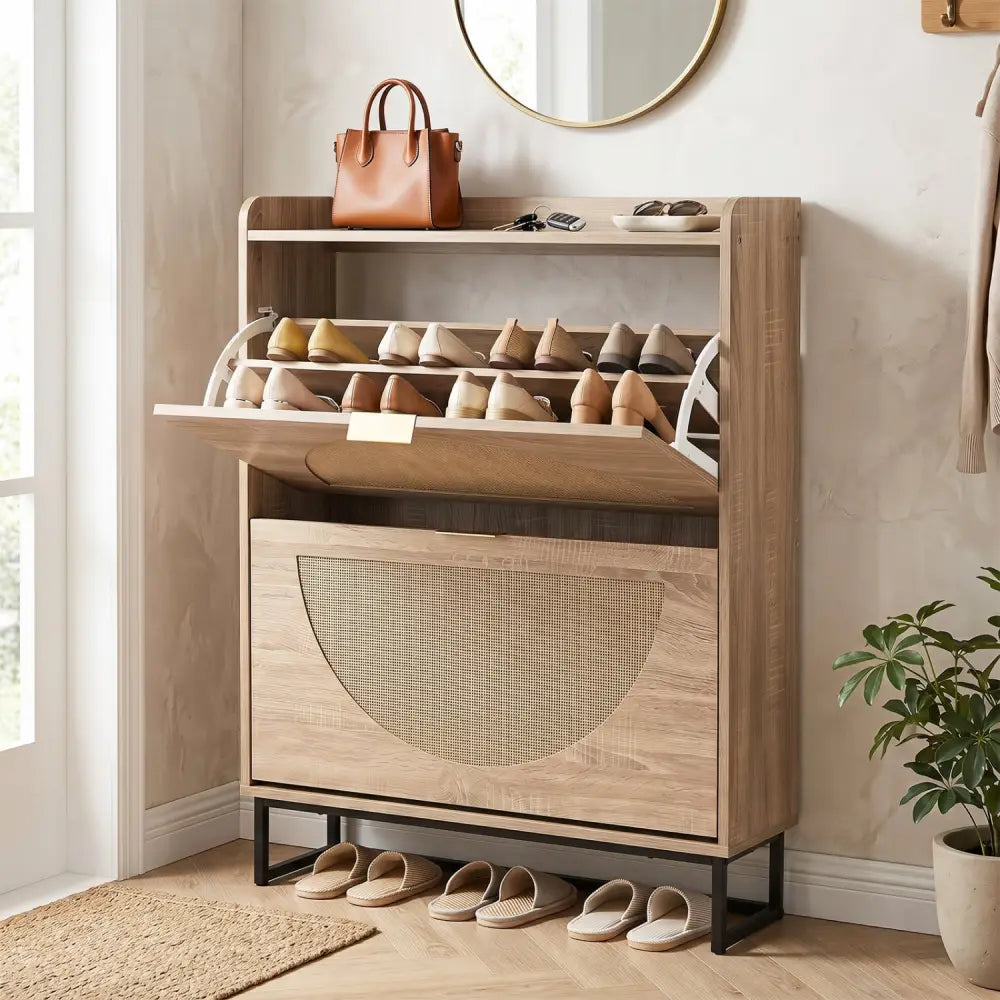 Narrow Shoe Storage Cabinet with 2 Flip Drawers and Adjustable Shelves-Natural - Natural - Shoe Racks & Storage Benches