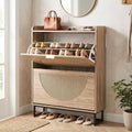 Narrow Shoe Storage Cabinet with 2 Flip Drawers and Adjustable Shelves-Natural - Natural - Shoe Racks & Storage Benches
