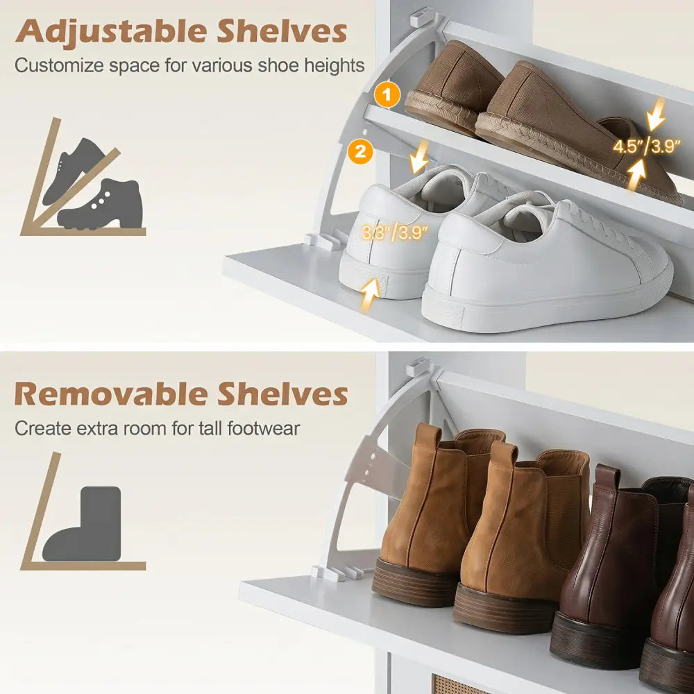 Narrow Shoe Storage Cabinet with 2 Flip Drawers and Adjustable Shelves-White - White - Shoe Racks & Storage Benches