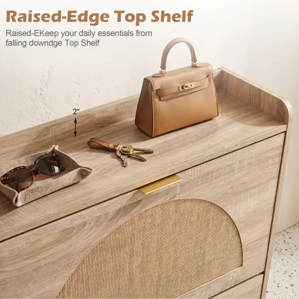 Narrow Shoe Storage Cabinet with 2 Flip Drawers and Adjustable Shelves-Natural - Natural - Shoe Racks & Storage Benches