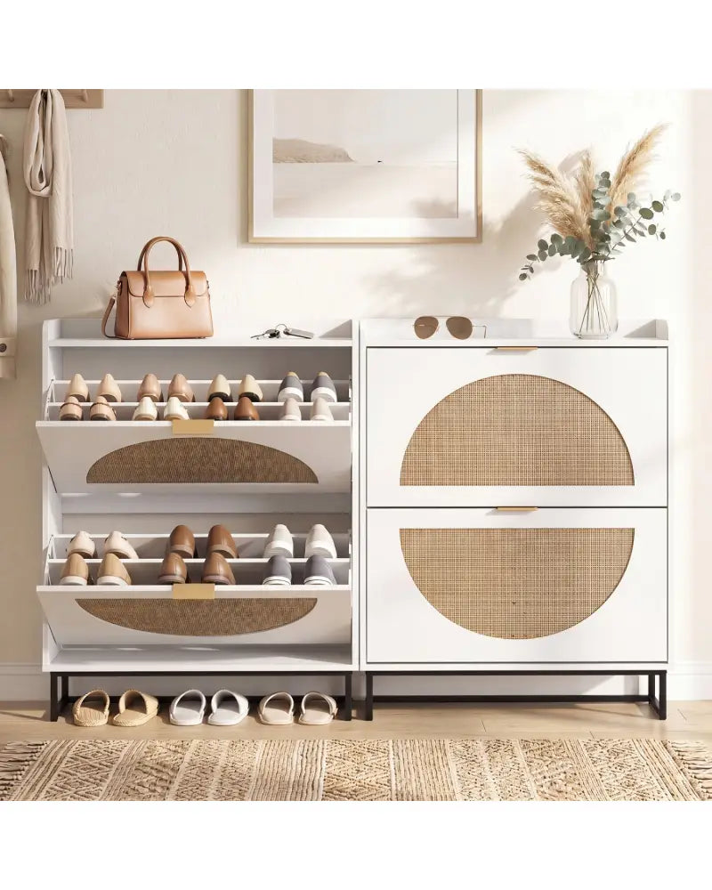 Narrow Shoe Storage Cabinet with 2 Flip Drawers and Adjustable Shelves-White - White - Shoe Racks & Storage Benches