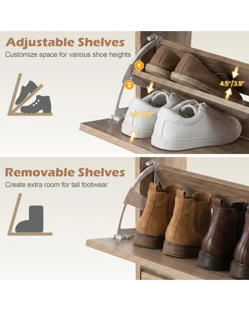 Narrow Shoe Storage Cabinet with 2 Flip Drawers and Adjustable Shelves-Natural - Natural - Shoe Racks & Storage Benches