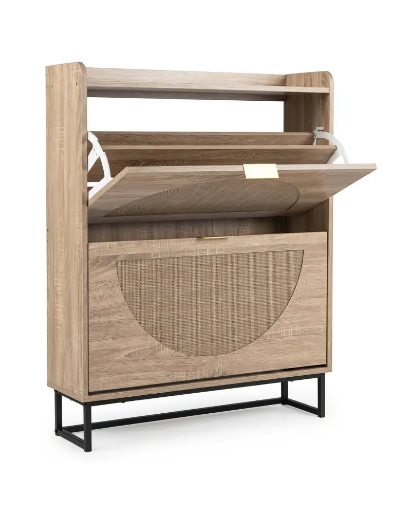 Narrow Shoe Storage Cabinet with 2 Flip Drawers and Adjustable Shelves-Natural - Natural - Shoe Racks & Storage Benches