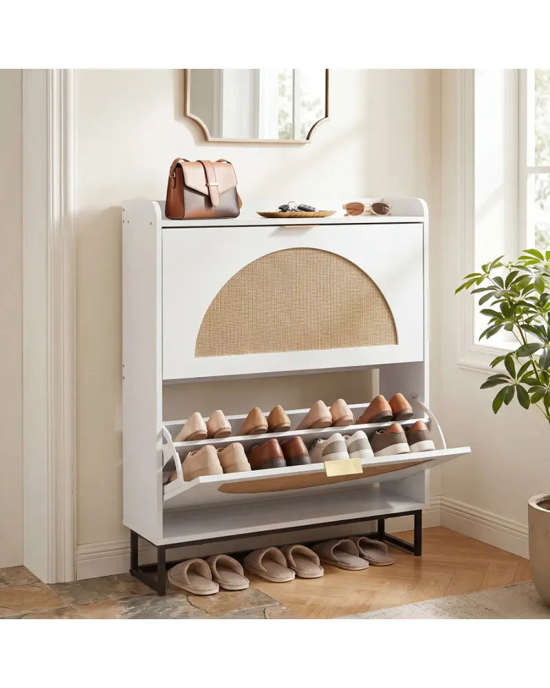 Narrow Shoe Storage Cabinet with 2 Flip Drawers and Adjustable Shelves-White - White - Shoe Racks & Storage Benches
