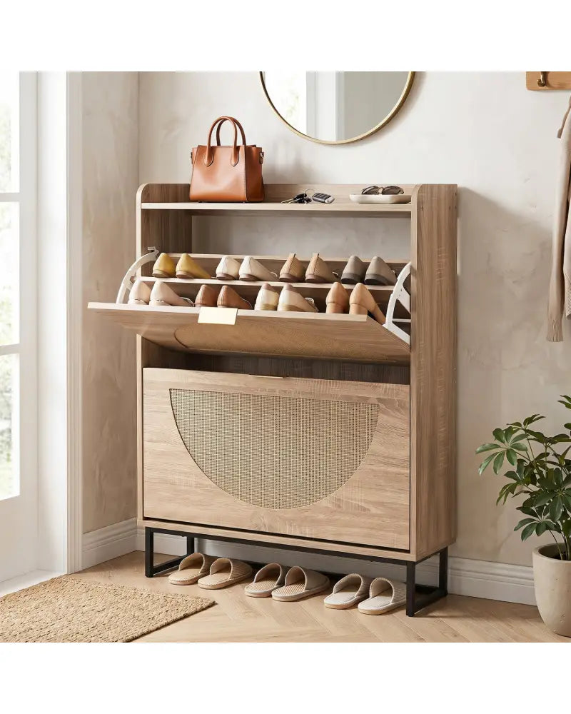 Narrow Shoe Storage Cabinet with 2 Flip Drawers and Adjustable Shelves-Natural - Natural - Shoe Racks & Storage Benches
