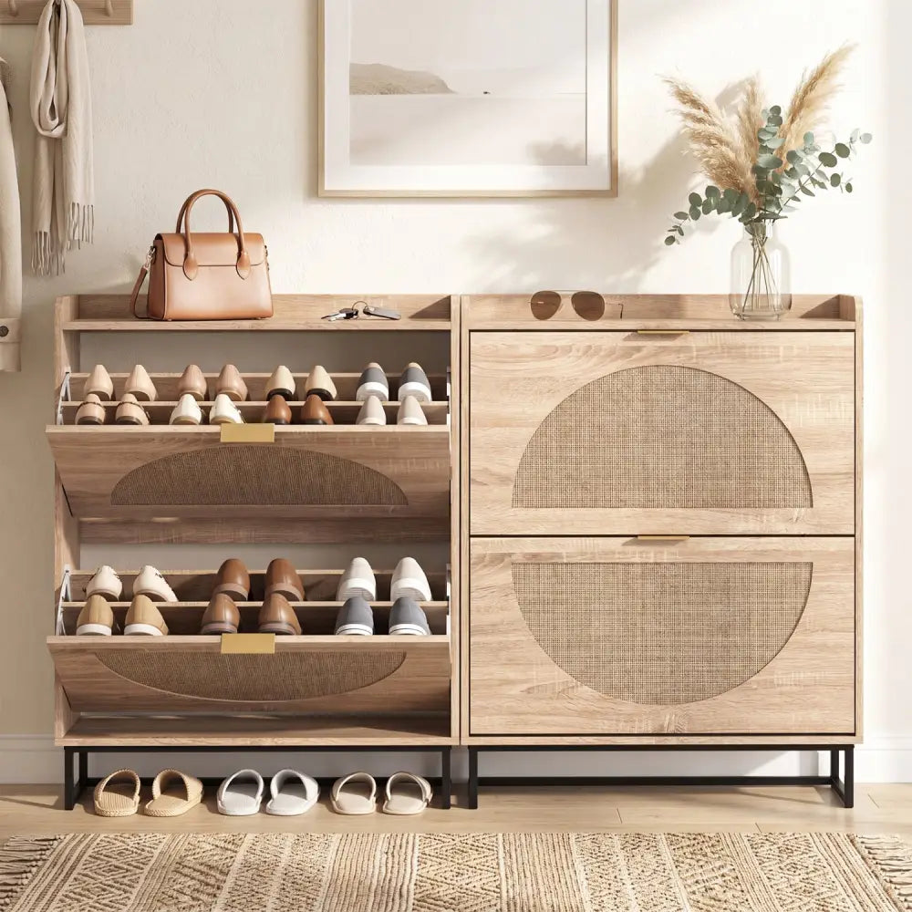 Narrow Shoe Storage Cabinet with 2 Flip Drawers and Adjustable Shelves-Natural - Natural - Shoe Racks & Storage Benches