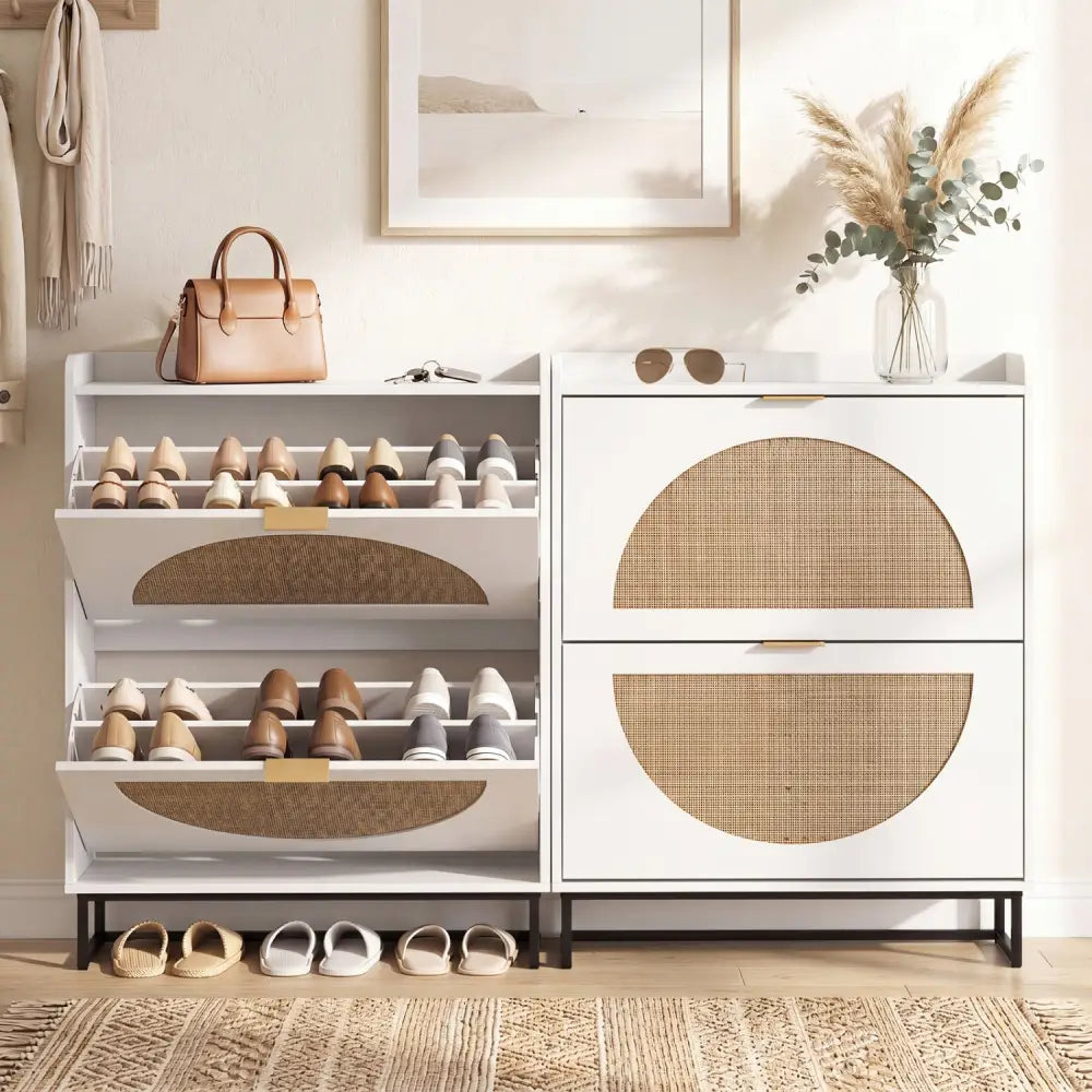 Narrow Shoe Storage Cabinet with 2 Flip Drawers and Adjustable Shelves-White - White - Shoe Racks & Storage Benches