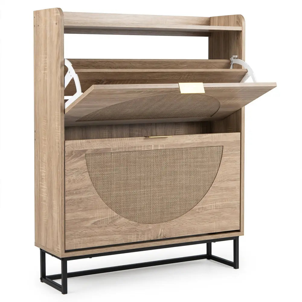 Narrow Shoe Storage Cabinet with 2 Flip Drawers and Adjustable Shelves-Natural - Natural - Shoe Racks & Storage Benches
