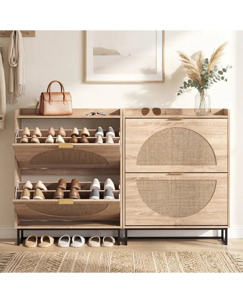 Narrow Shoe Storage Cabinet with 2 Flip Drawers and Adjustable Shelves-Natural - Natural - Shoe Racks & Storage Benches