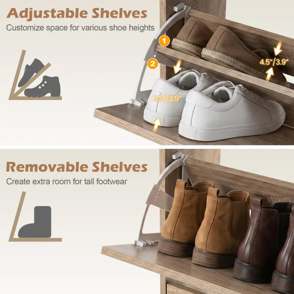 Narrow Shoe Storage Cabinet with 2 Flip Drawers and Adjustable Shelves-Natural - Natural - Shoe Racks & Storage Benches