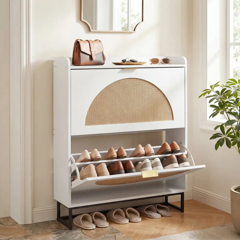 Narrow Shoe Storage Cabinet with 2 Flip Drawers and Adjustable Shelves-White - White - Shoe Racks & Storage Benches