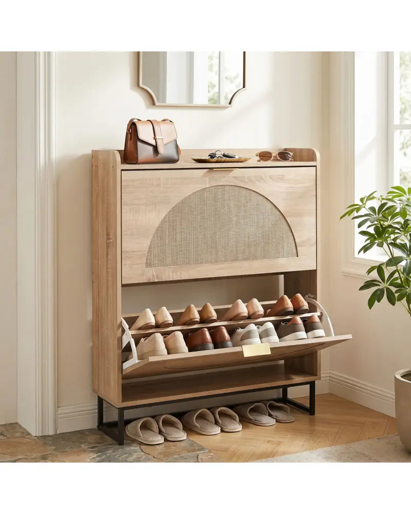 Narrow Shoe Storage Cabinet with 2 Flip Drawers and Adjustable Shelves-Natural - Natural - Shoe Racks & Storage Benches