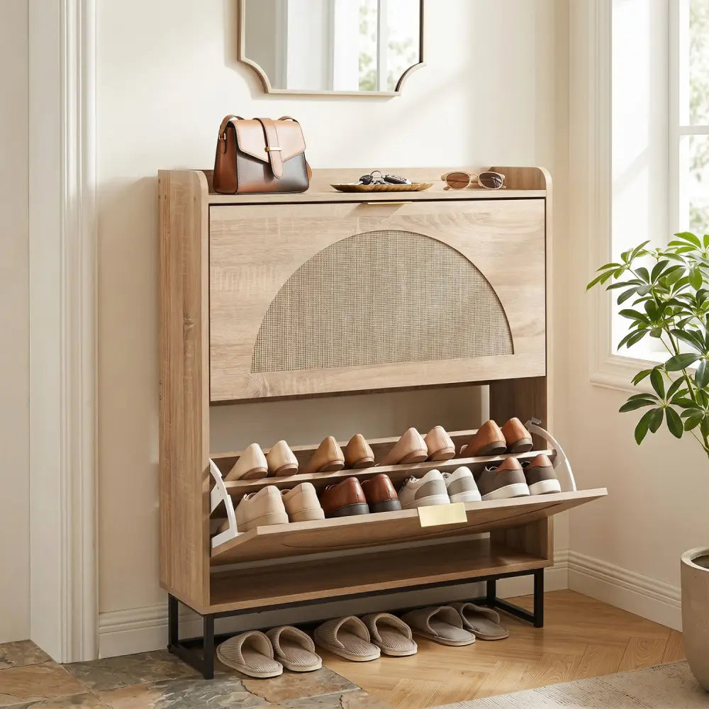 Narrow Shoe Storage Cabinet with 2 Flip Drawers and Adjustable Shelves-Natural - Natural - Shoe Racks & Storage Benches