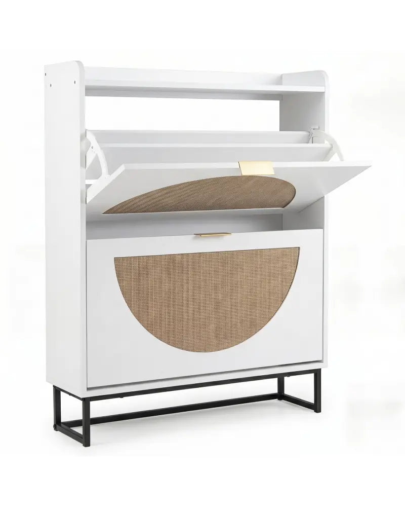 Narrow Shoe Storage Cabinet with 2 Flip Drawers and Adjustable Shelves-White - White - Shoe Racks & Storage Benches
