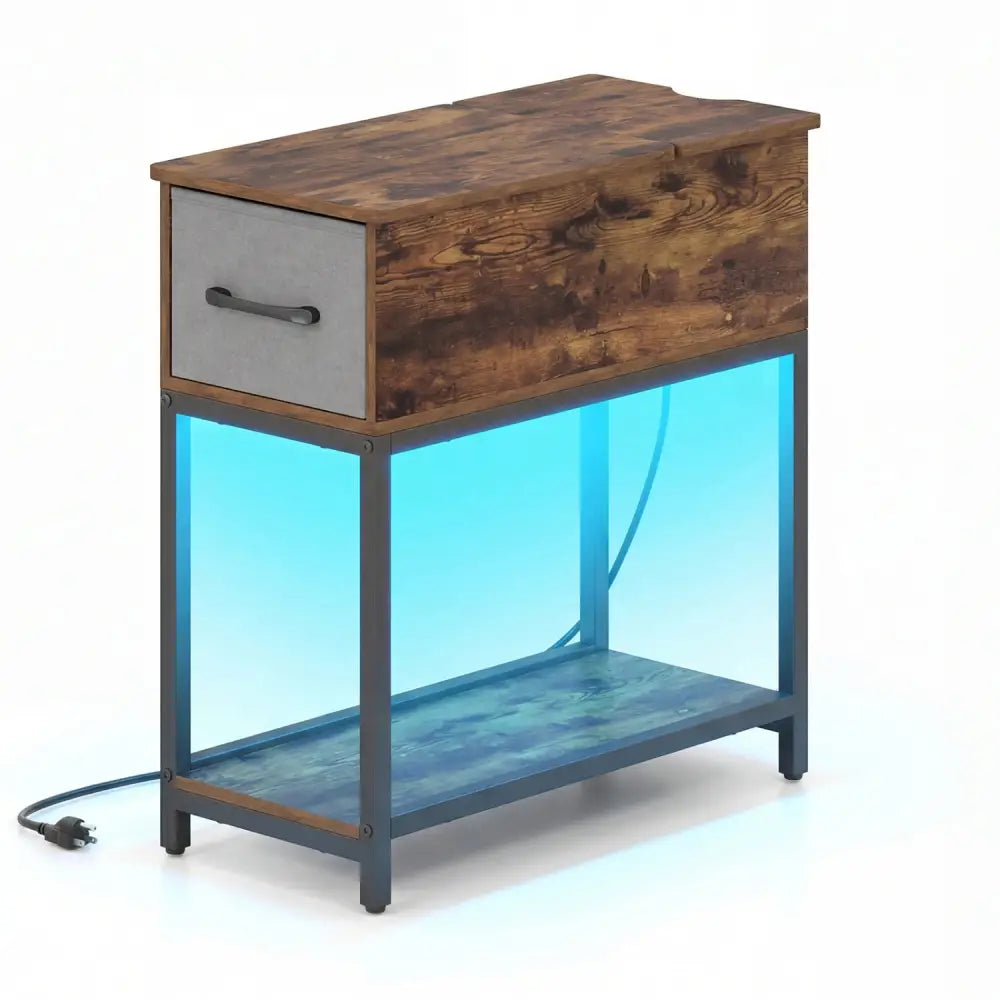 Narrow Side Table with Charging Station and LED Lights Industrial End Table-Brown - Brown - End & Side Tables