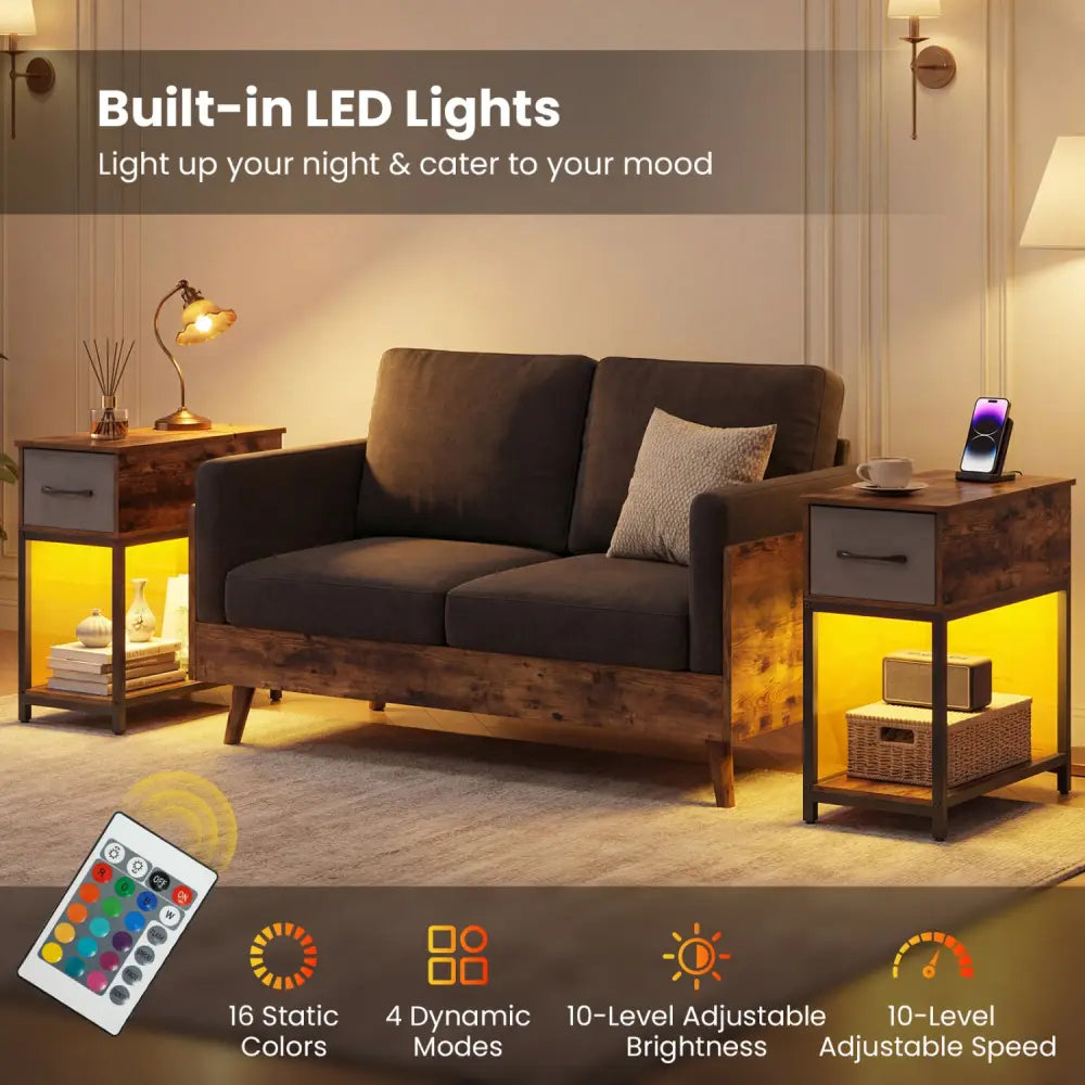 Narrow Side Table with Charging Station and LED Lights Industrial End Table-Brown - Brown - End & Side Tables
