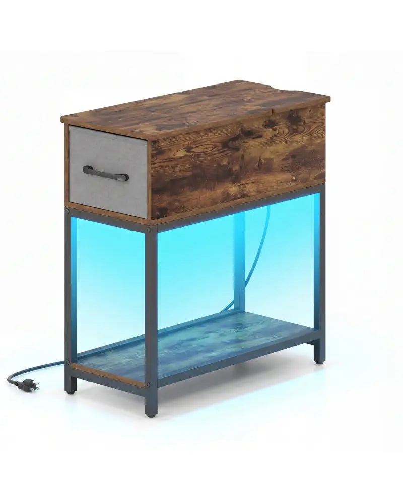 Narrow Side Table with Charging Station and LED Lights Industrial End Table-Brown - Brown - End & Side Tables