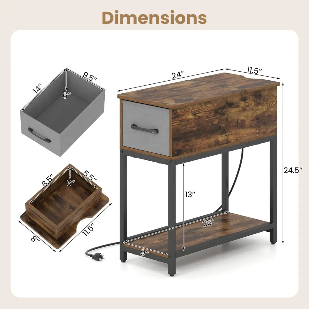 Narrow Side Table with Charging Station and LED Lights Industrial End Table-Brown - Brown - End & Side Tables