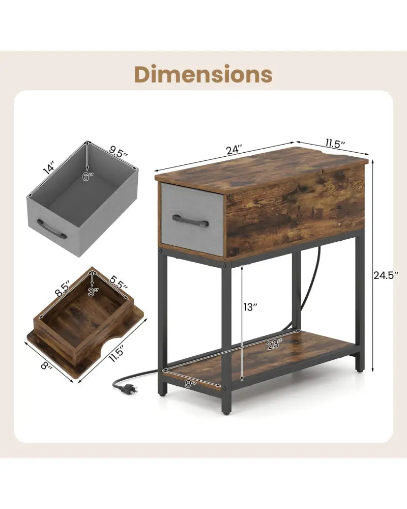 Narrow Side Table with Charging Station and LED Lights Industrial End Table-Brown - Brown - End & Side Tables