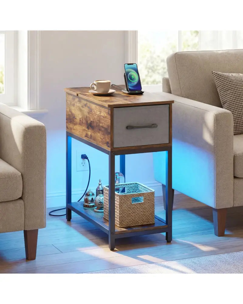Narrow Side Table with Charging Station and LED Lights Industrial End Table-Brown - Brown - End & Side Tables