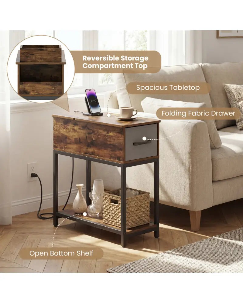 Narrow Side Table with Charging Station and LED Lights Industrial End Table-Brown - Brown - End & Side Tables