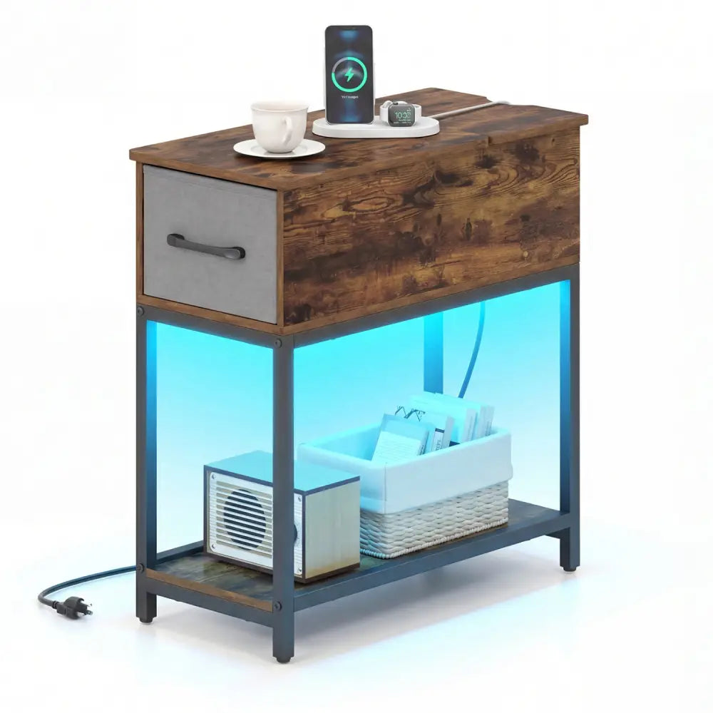 Narrow Side Table with Charging Station and LED Lights Industrial End Table-Brown - Brown - End & Side Tables