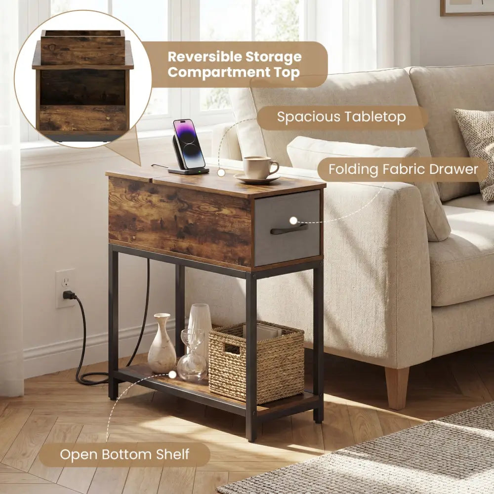 Narrow Side Table with Charging Station and LED Lights Industrial End Table-Brown - Brown - End & Side Tables