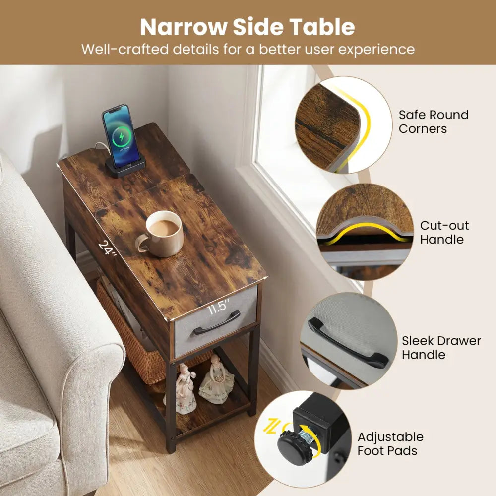 Narrow Side Table with Charging Station and LED Lights Industrial End Table-Brown - Brown - End & Side Tables
