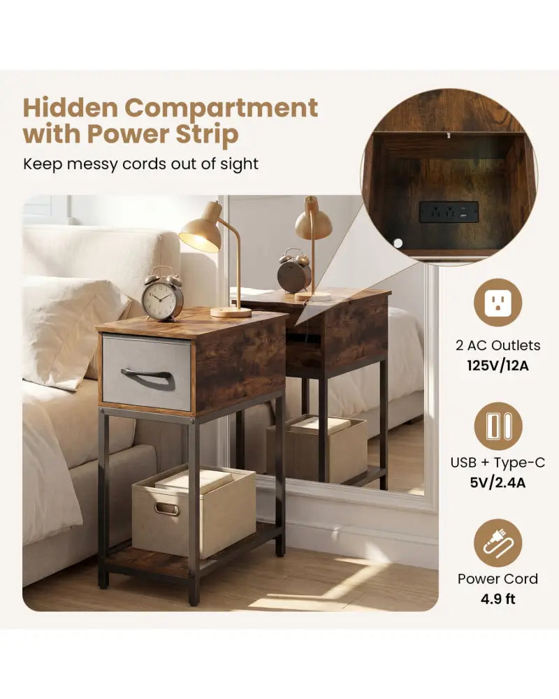 Narrow Side Table with Charging Station and LED Lights Industrial End Table-Brown - Brown - End & Side Tables