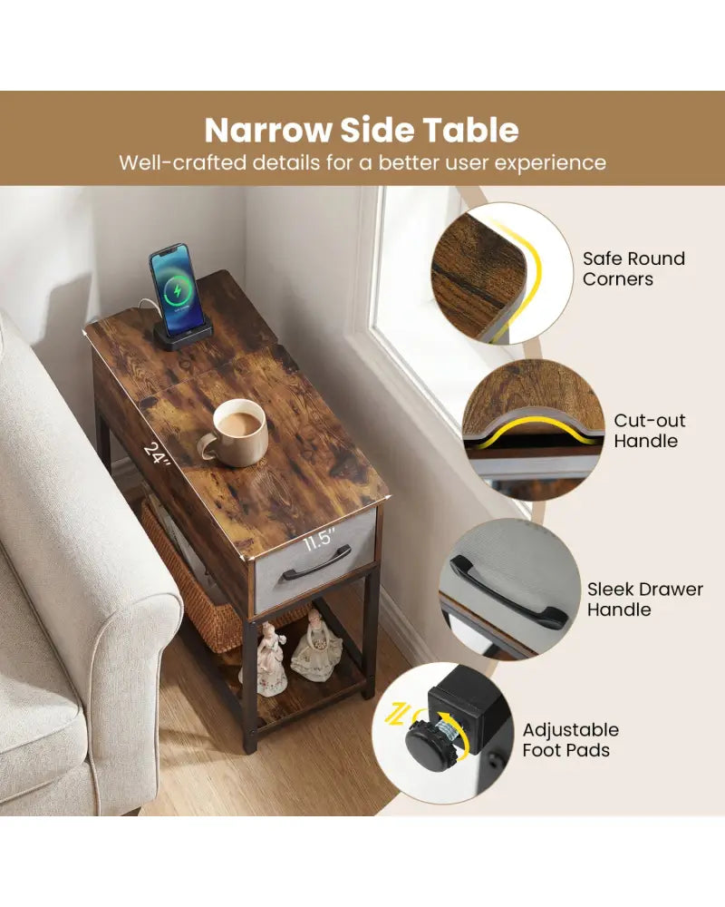 Narrow Side Table with Charging Station and LED Lights Industrial End Table-Brown - Brown - End & Side Tables