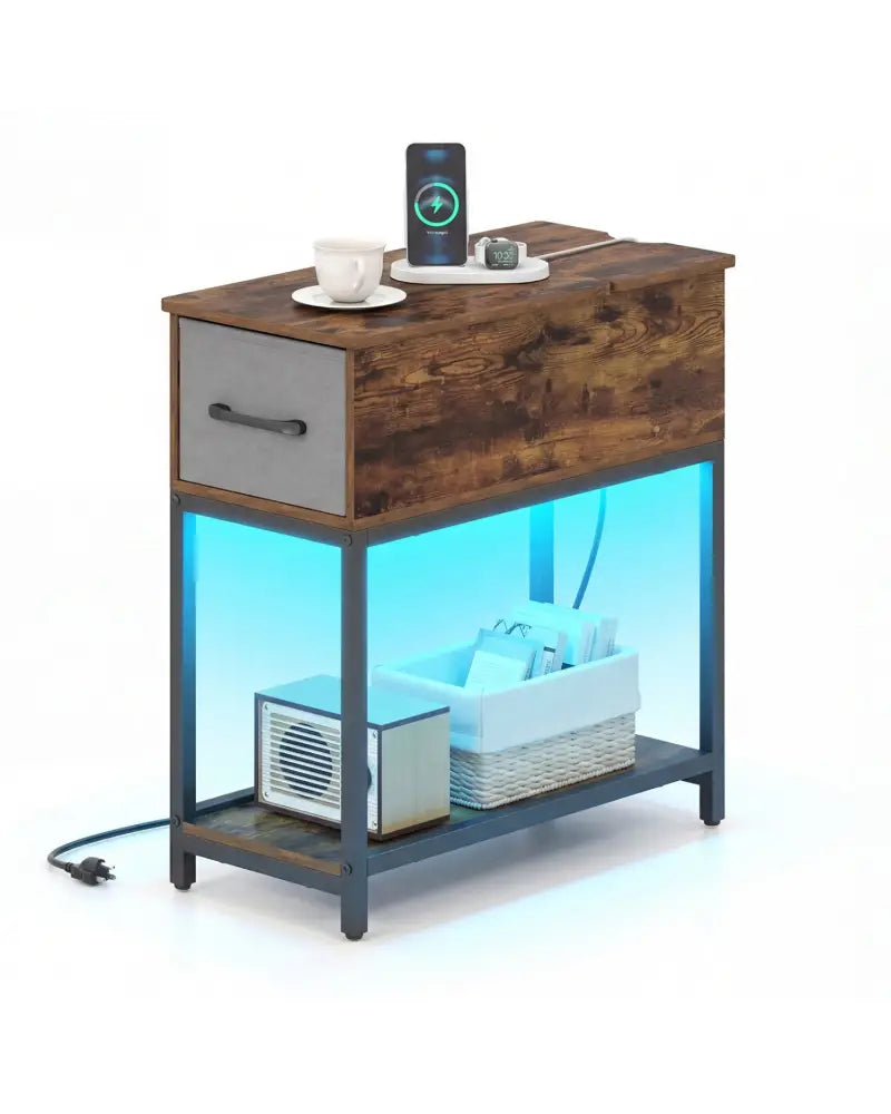 Narrow Side Table with Charging Station and LED Lights Industrial End Table-Brown - Brown - End & Side Tables