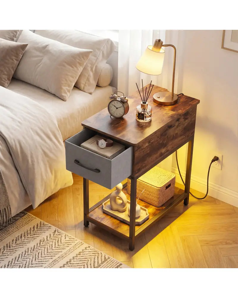 Narrow Side Table with Charging Station and LED Lights Industrial End Table-Brown - Brown - End & Side Tables