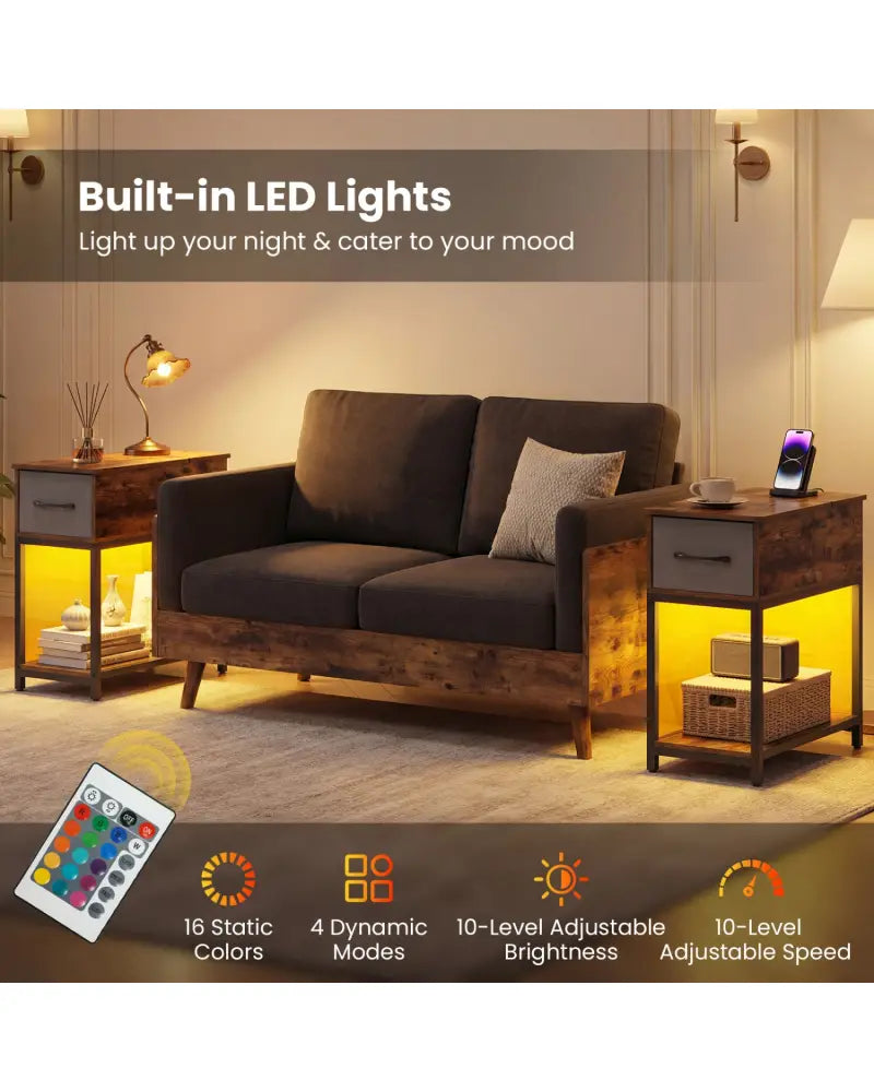 Narrow Side Table with Charging Station and LED Lights Industrial End Table-Brown - Brown - End & Side Tables