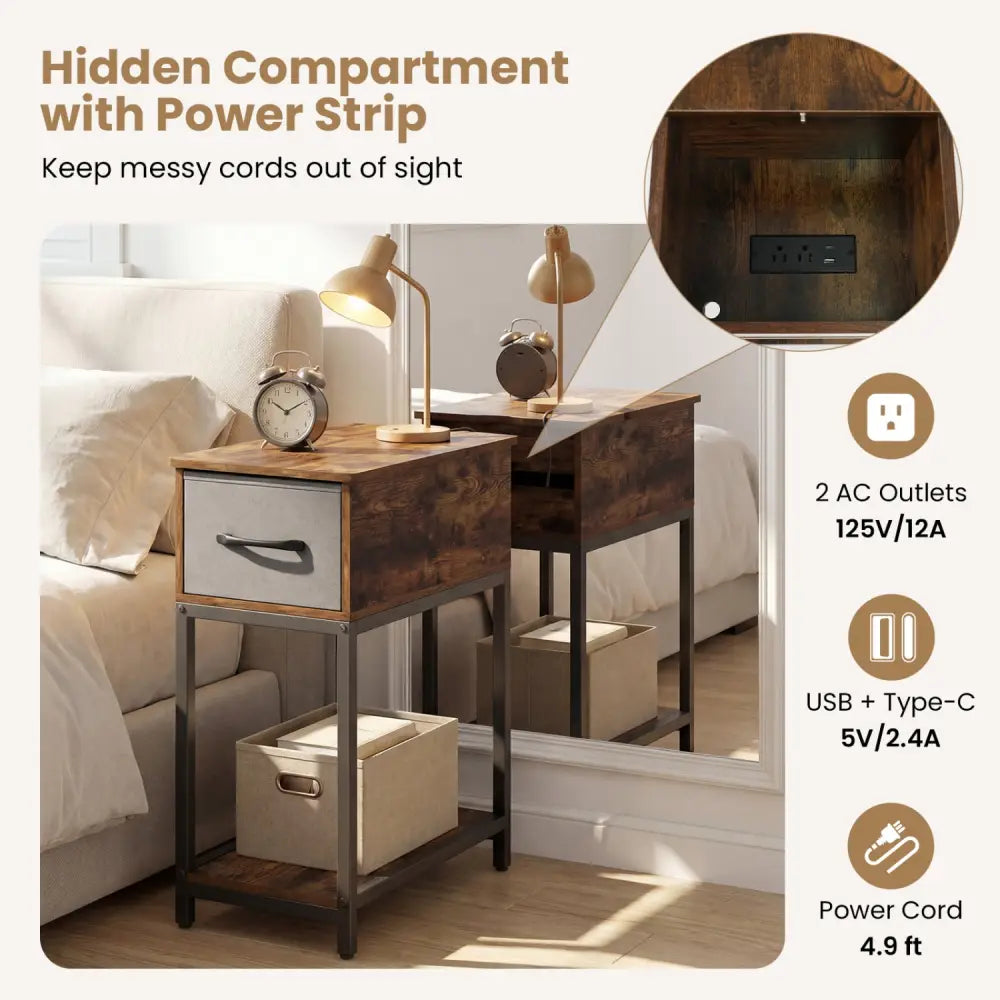 Narrow Side Table with Charging Station and LED Lights Industrial End Table-Brown - Brown - End & Side Tables