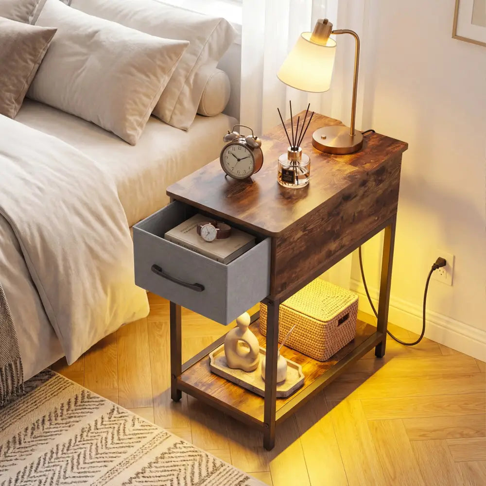 Narrow Side Table with Charging Station and LED Lights Industrial End Table-Brown - Brown - End & Side Tables