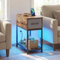Narrow Side Table with Charging Station and LED Lights Industrial End Table-Brown - Brown - End & Side Tables