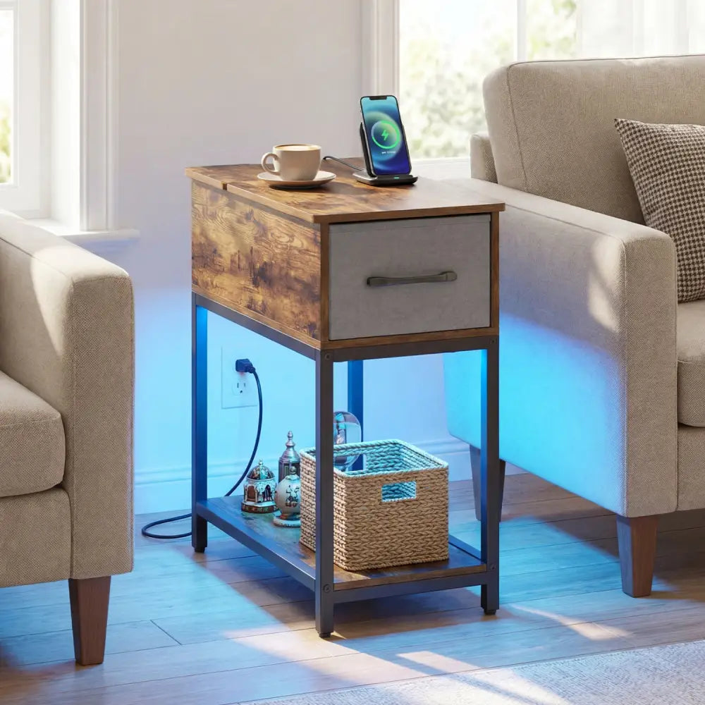 Narrow Side Table with Charging Station and LED Lights Industrial End Table-Brown - Brown - End & Side Tables