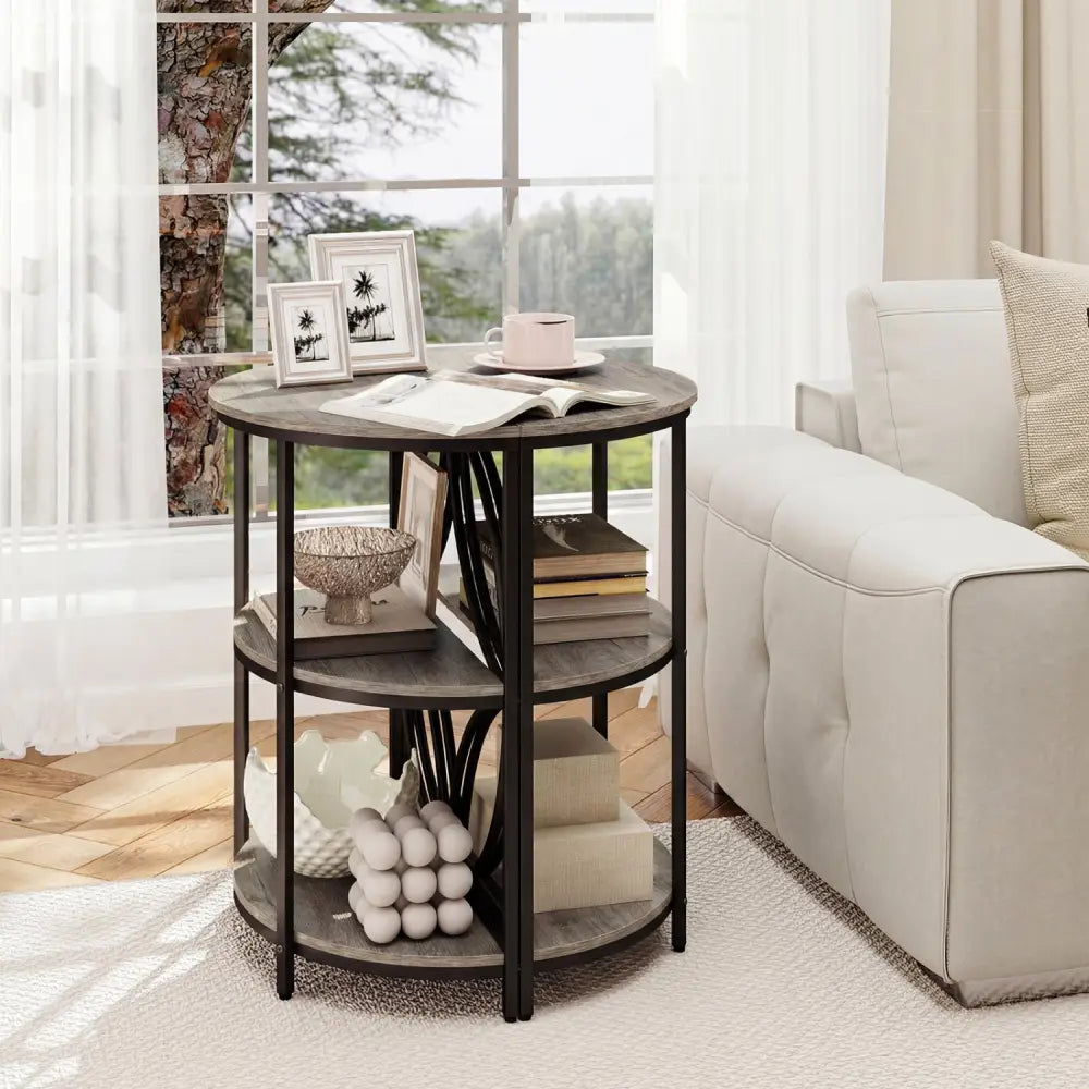 Narrow Side Table with Study Metal Frame and Storage Shelves-Gray - Gray - End & Side Tables