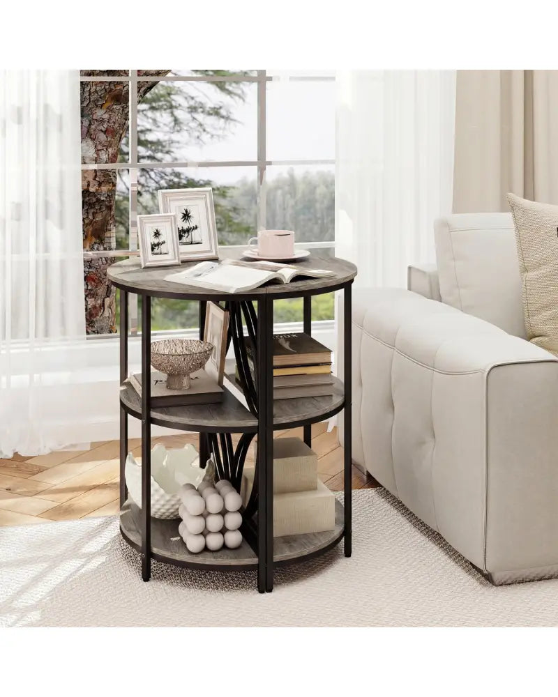 Narrow Side Table with Study Metal Frame and Storage Shelves-Gray - Gray - End & Side Tables