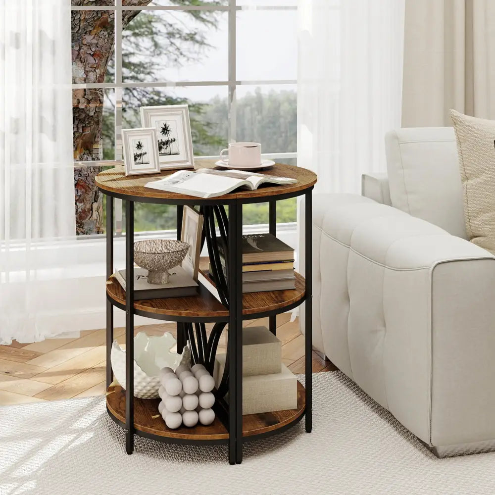 Narrow Side Table with Study Metal Frame and Storage Shelves-Rustic Brown - Rustic Brown - End & Side Tables