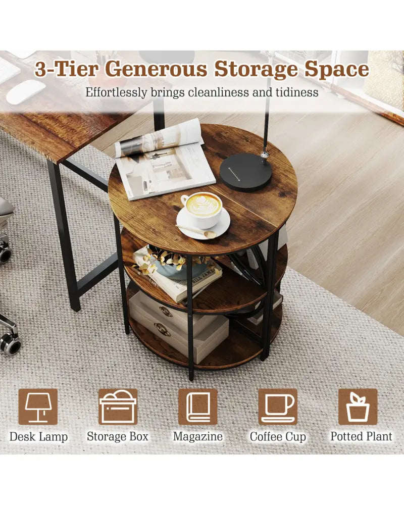 Narrow Side Table with Study Metal Frame and Storage Shelves-Rustic Brown - Rustic Brown - End & Side Tables