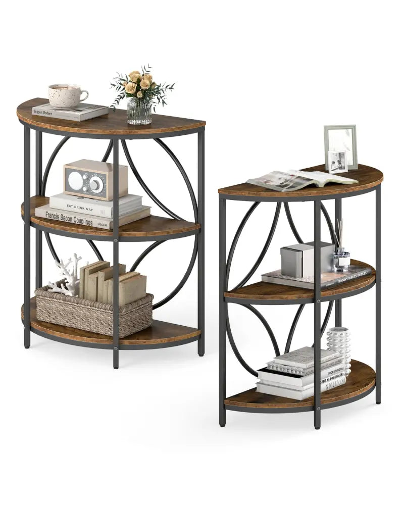 Narrow Side Table with Study Metal Frame and Storage Shelves-Rustic Brown - Rustic Brown - End & Side Tables